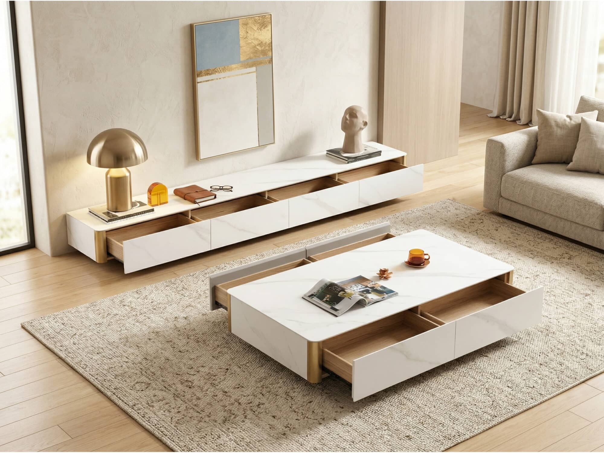 White Stone Rectangular Enclosed Storage TV Stand 相册图 #2 scene