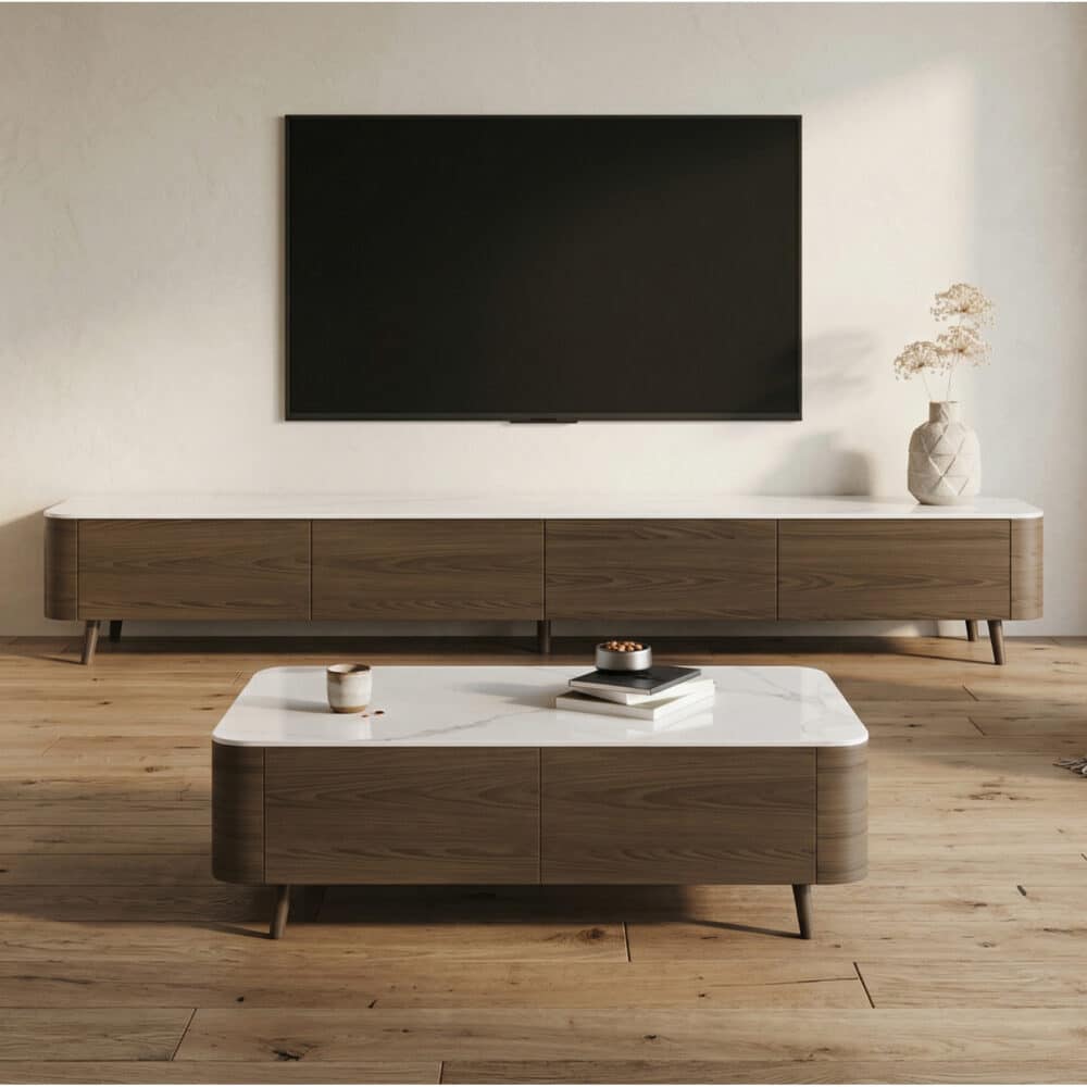 White Stone Top Drawers TV Stand with Cable Management 商品主图 scene
