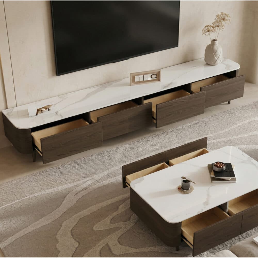 White Stone Top Drawers TV Stand with Cable Management 相册图 #2 scene