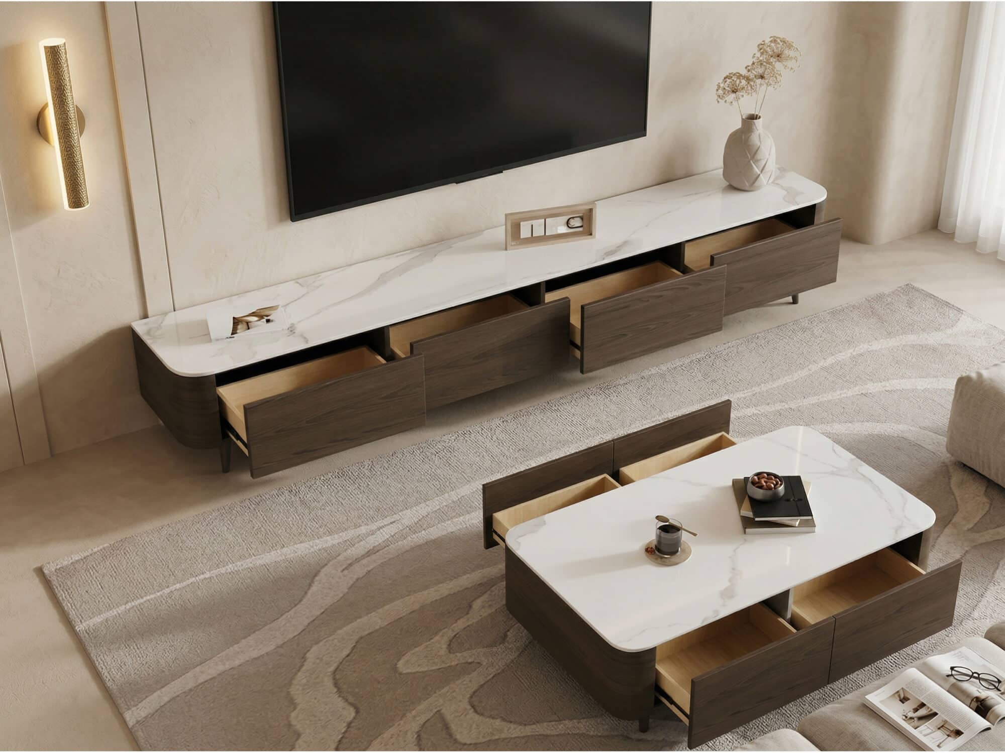 White Stone Top Drawers TV Stand with Cable Management 相册图 #2 scene