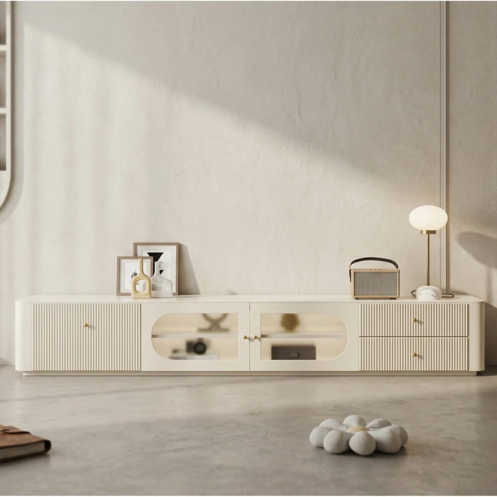 White Wood Shelves Cabinet Drawers Rectangle TV Stand 相册图 #5 scene