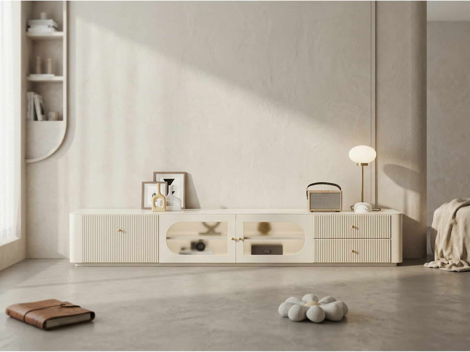 White Wood Shelves Cabinet Drawers Rectangle TV Stand 相册图 #5 scene