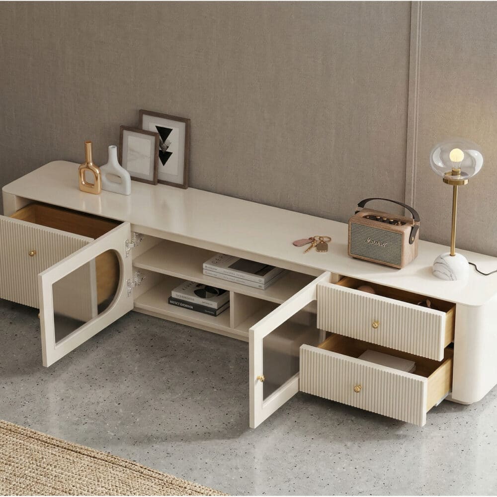 White Wood Shelves Cabinet Drawers Rectangle TV Stand 相册图 #6 scene