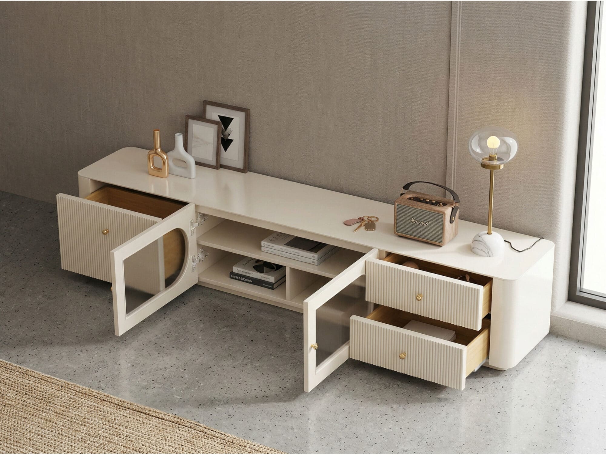 White Wood Shelves Cabinet Drawers Rectangle TV Stand 相册图 #6 scene